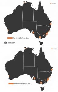 screenshots of Defence's COVID-19 case map