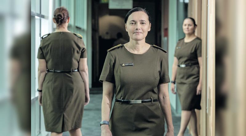 WO2 Megan White, left, Col Melanie Cochbain and Maj Tegan Musumeci wearing the new Army uniform. Photo by Corporal Sagi Biderman.