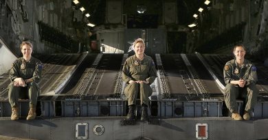 C-17A Globemaster III captain Flight Lieutenant Caitlin Rytenskild (centre), heads an all-female aircrew alongside co-pilot Flying Officer Gemma Dorn (left) and Loadmaster Corporal Charlotte Roe. Photo by Corporal Colin Dadd.