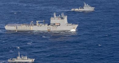 HMAS Choules, centre, and HMAS Huon, bottom, rendezvous with French Navy Ship d’Entrecasteaux during the Australian ships' transit to Vanuatu. Photo by Leading Seaman James McDougall.