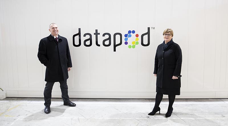 Managing Director of DATAPOD Scott Carr with Minister for Defence Linda Reynolds with a DATAPOD. Photo by Kym Smith.