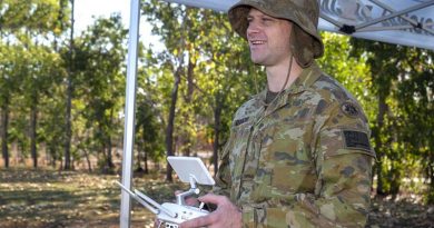 Craftsman Matthew Gibson, 1st Combat Signal Regiment, controls a multi-rotor unmanned aerial system during a drone-pilot course at Robertson Barracks, NT. Photo by Warrant Officer Class 2 David Millard.