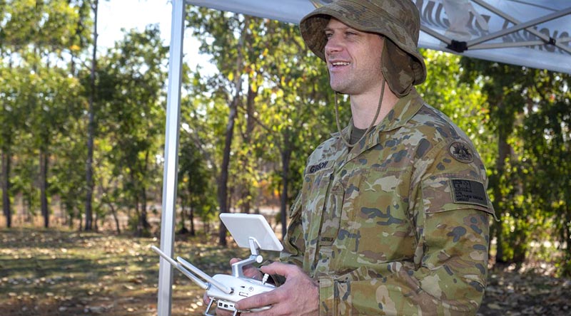 Craftsman Matthew Gibson, 1st Combat Signal Regiment, controls a multi-rotor unmanned aerial system during a drone-pilot course at Robertson Barracks, NT. Photo by Warrant Officer Class 2 David Millard.