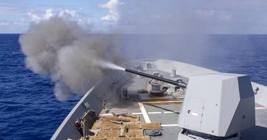 HMAS Hobart fires its 5-inch gun during Exercise RIMPAC 20. Photo by Leading Seaman Ernesto Sanchez.