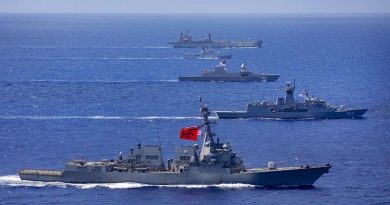 HMA Ships Sirius (top) and Stuart (second from bottom) sail in company with RSS Supreme, KDB Daruleshan and USS Rafael Peralta through the Pacific Ocean. Photo by Leading Seaman Christopher Szumlanski.