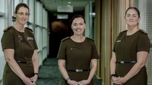 Warrant Officer Class Two Megan White, Colonel Melanie Cochbain and Major Tegan Musumeci in the new Army general duty uniform at Russell Offices in Canberra. New image published in mid October with no explanation. Photo by Corporal Sagi Biderman (July 2020).