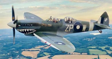 A restored Supermarine Spitfire bearing the number of Australia's No 457 Squadron flying once again in British skies. Photo courtesy Biggin Hill Heritage Hangar Facebook page.