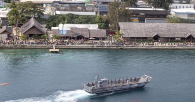 A landing craft from HMAS Choules prepares to join the Vanuatu Police Maritime Wing in a Seafarer’s Parade to celebrate Vanuatu Independence Day. Photo by Leading Seaman James McDougall.