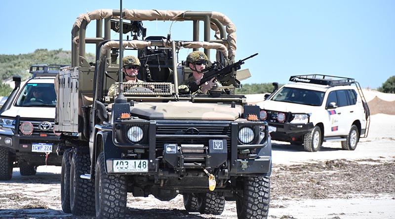 A Regional Force Surveillance Group vehicle leads a patrol on Western Australia's mid coast. Australian Border Force photo.