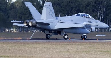 A RAAF E/A-18G Growler from No 6 Squadron takes the arrestor cable at RAAF Base Amberley during Exercise alisman Saber 17. Photo by Sergeant Peter Borys.