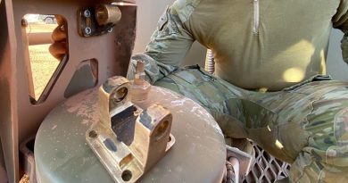 A 3D-printed metal mounting bracket for a bulk fuel support module printed out bush at Mount Bundy Training Area. Photo supplied.