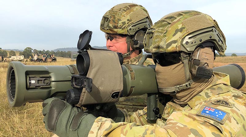 Australian soldiers from the School of Infantry prepare to fire an 84mm M3 Karl Gustav fitted with an Aimpoint Fire Control System. Uncredited ADF photo.
