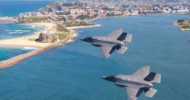 Outgoing Commanding Officer No. 3 Squadron Wing Commander Darren Clare and incoming Commanding Officer No. 3 Squadron Wing Commander Matthew Harper fly over Newcastle shortly before their change-of-command ceremony. Photo by Sergeant David Gibbs.