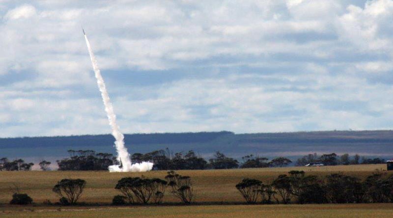 A DART rocket carrying a Royal Australian Air Force payload takes off from Koonibba Rocket Range in South Australia. Photo by Sean Jorgensen-Day.