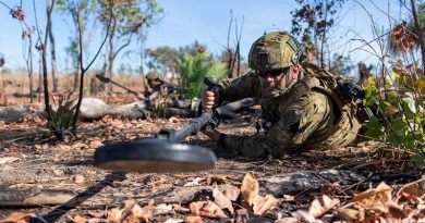 Sapper Lewis Coulter sweeps for mines during the 1st Combat Engineer Regiment Commanding Officers' Challenge held at Robertson Barracks, Northern Territory. Photo by Private Rodrigo Villablanca.