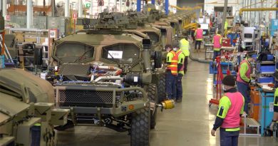 Australian-designed Hawkei protected mobility vehicles on the production line at the Thales facility in Bendigo, Victoria. Thales photo.