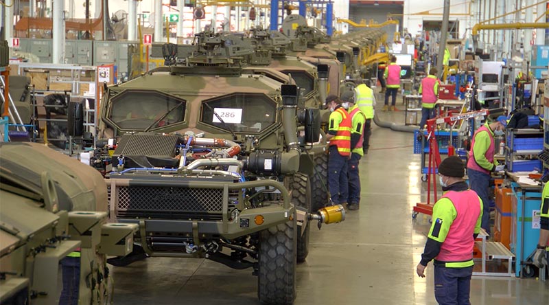 Australian-designed Hawkei protected mobility vehicles on the production line at the Thales facility in Bendigo, Victoria. Thales photo.