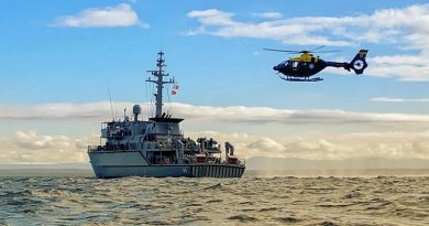 HMAS Gascoyne at sea conducting aviation operations during her unit readiness evaluation off the coast of NSW. Photo by Leading Seaman Dragan Ivanovic.