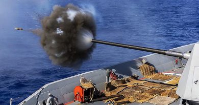HMAS Hobart conducts a live-fire training exercise with the five-inch gun during Regional Presence Deployment 2020. Photo by Leading Seaman Christopher Szumlanski.
