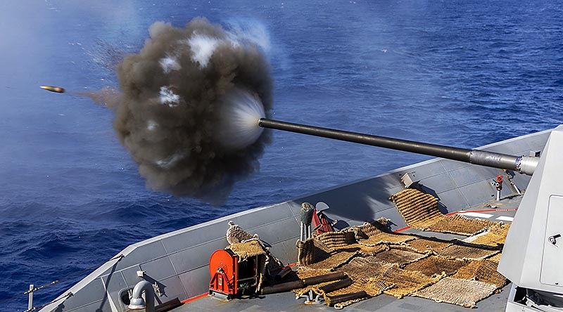 HMAS Hobart conducts a live-fire training exercise with the five-inch gun during Regional Presence Deployment 2020. Photo by Leading Seaman Christopher Szumlanski.