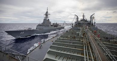 HMAS Sirius conducts her 700th replenishment at sea, with HMAS Hobart, during their Regional Presence Deployment. Photo by Leading Seaman Christopher Szumlanski.