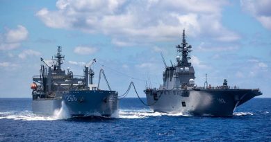 HMAS Sirius conducts a replenishment at sea with Japanese Ship Ise in the southern waters of Hawaii during Exercise RIMPAC. Photo by Leading Seaman Christopher Szumlanski. 