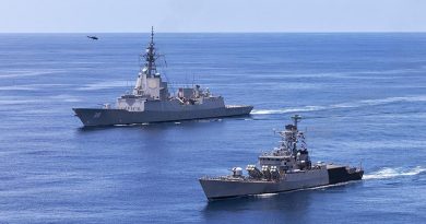 HMAS Hobart joins Indian Navy Ship Karmuk to conduct passage exercises in the north-east Indian Ocean. Photo by Leading Seaman Christopher Szumlanski.