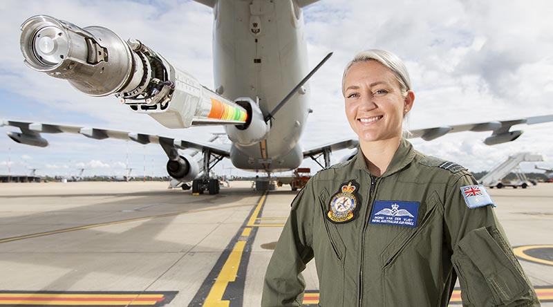 Royal Australian Air Force Air Refuelling Operator, Flight Lieutenant Ingrid Van Der Vlist, with the KC-30A MRTT. Photo by Corporal Jesse Kane.