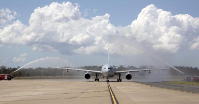 KC-30A Multi Role Tanker Transport A39-006 transporting No. 33 Squadron personnel returning home from the Middle East, is given a guard of honour by No. 23 Squadron Fire Section on arrival at RAAF Base Amberley. Photo by Corporal Colin Dadd.