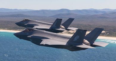 F-35A Lightning II aircraft fly in formation along the Newcastle-region coast in NSW during Exercise Lightning Storm. Photo by Sergeant David Gibbs.