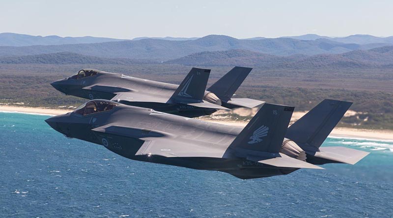 F-35A Lightning II aircraft fly in formation along the Newcastle-region coast in NSW during Exercise Lightning Storm. Photo by Sergeant David Gibbs.