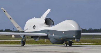 An MQ-4C Triton taxis at Andersen Air Force Base, Guam. US Air Force photo by Senior Airman Michael S. Murphy.