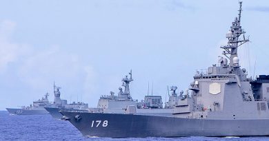 HMAS Stuart, ROKS Chung Mu Gong Yi Sun Shin and JS Ashigara executes an Officer of the Watch Manoeuvres exercise during the Regional Presence Deployment 2020 in the Pacific Ocean. Photo by Leading Seaman Ernesto Sanchez.