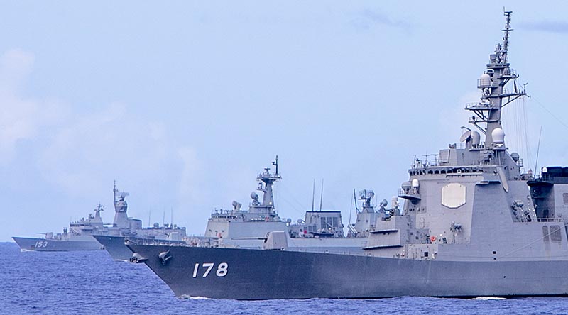 HMAS Stuart, ROKS Chung Mu Gong Yi Sun Shin and JS Ashigara executes an Officer of the Watch Manoeuvres exercise during the Regional Presence Deployment 2020 in the Pacific Ocean. Photo by Leading Seaman Ernesto Sanchez.