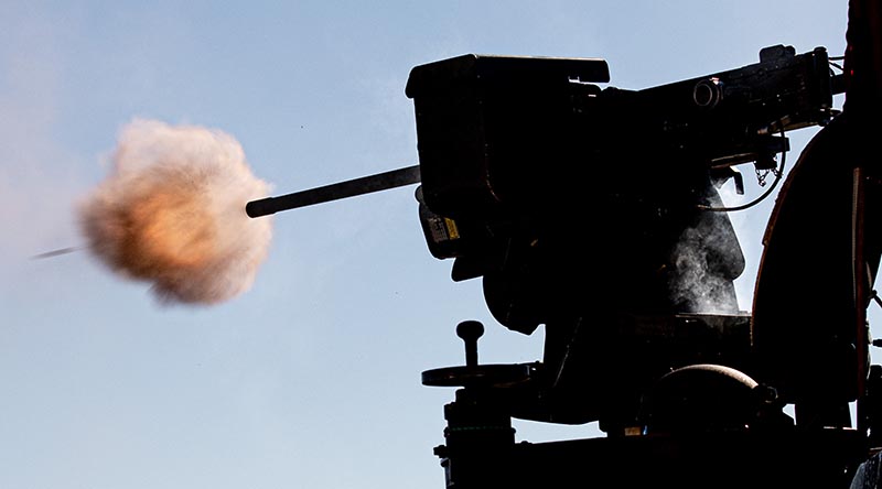 An EOS Mk2 remote weapon station firing at Wide Bay Training Area, Queensland. Photo by Trooper Jonathan Goedhart.