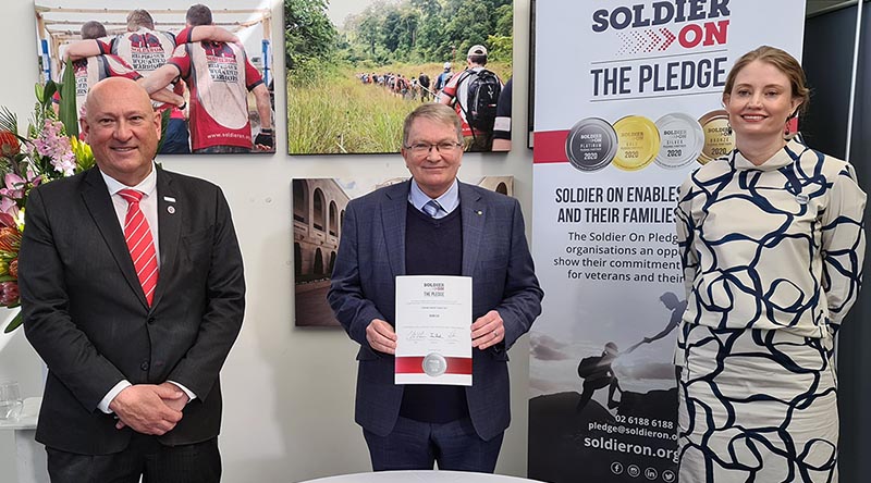 Soldier On CEO Ivan Slavich, Serco Defence Managing Director Clint Thomas and Soldier On Pathways Program Director Prue Slaughter at the Pledge signing ceremony today.