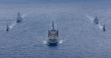 HMA Ships Hobart and Sirius exercise with Republic of Singapore Ships Tenacious, Valiant, Valour and Dauntless in waters off Singapore during Exercise Singaroo 2020. Photo by Leading Seaman Christopher Szumlanski.