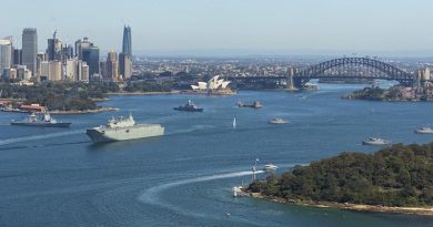 HMA Ships Adelaide, Sydney, Anzac, Huon, Gascoyne and Yarra prepare to depart Sydney Harbour. Photo by Leading Seaman Jarrod Mulvihill.