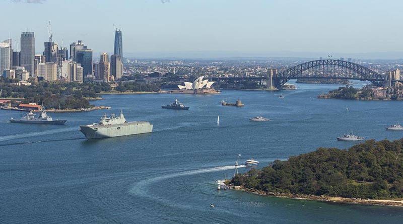 HMA Ships Adelaide, Sydney, Anzac, Huon, Gascoyne and Yarra prepare to depart Sydney Harbour. Photo by Leading Seaman Jarrod Mulvihill.