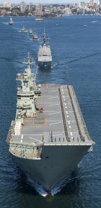 HMAS Adelaide leads HMA Ships Sydney, Huon, Gascoyne, Yarra and Anzac from Sydney Harbour. Photo by Leading Seaman Jarrod Mulvihill.