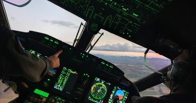 C-27J Spartan aircrew from No. 35 Squadron conduct an instrument approach into Tamworth, NSW, as part of a series of training missions during a Pilot Initial Qualification course.