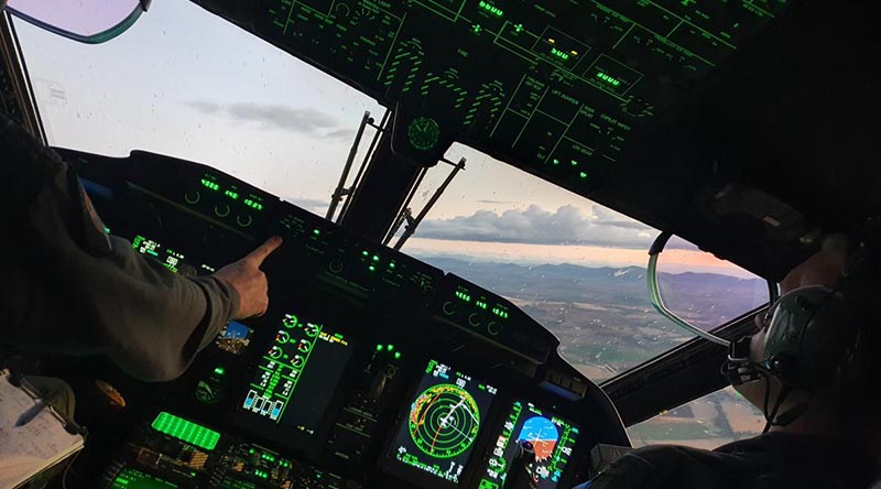 C-27J Spartan aircrew from No. 35 Squadron conduct an instrument approach into Tamworth, NSW, as part of a series of training missions during a Pilot Initial Qualification course.
