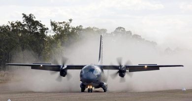 RAAF C-27J Spartan A34-007 lands at Benning Airfield, Queensland, during Exercise Ready Spartan Prove. Photo by Corporal Colin Dadd.