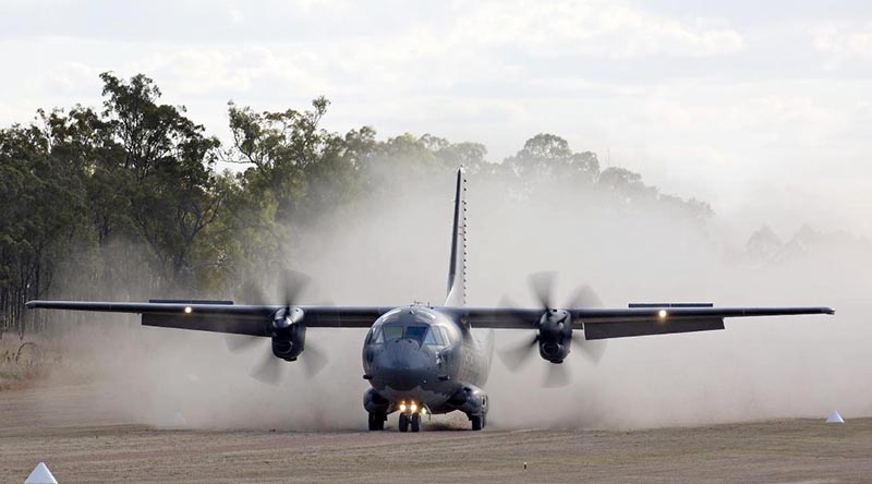 RAAF C-27J Spartan A34-007 lands at Benning Airfield, Queensland, during Exercise Ready Spartan Prove. Photo by Corporal Colin Dadd.