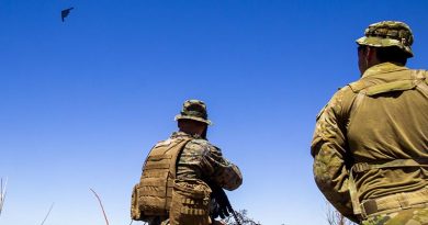 US Marine Corps Captain Benjamin Hovies and Australian Army Sergeant Aaron Costas direct the flight path of a US Air Force B-2 Spirit bomber at Mount Bundey Training Area, NT. A combined team of US Marines and Australian Defence Forces personnel provided target information to the US Air Force bombers conducting deep strikes on notional targets. US Marine Corps photo by Corporal Harrison Rakhshani.