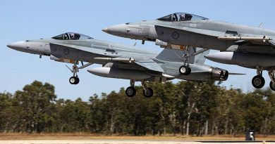 Two Royal Australian Air Force F/A-18 Hornets take off from RAAF Base Tindal during Exercise Diamond Storm 2017. Photo by Sergeant Andrew Eddie.