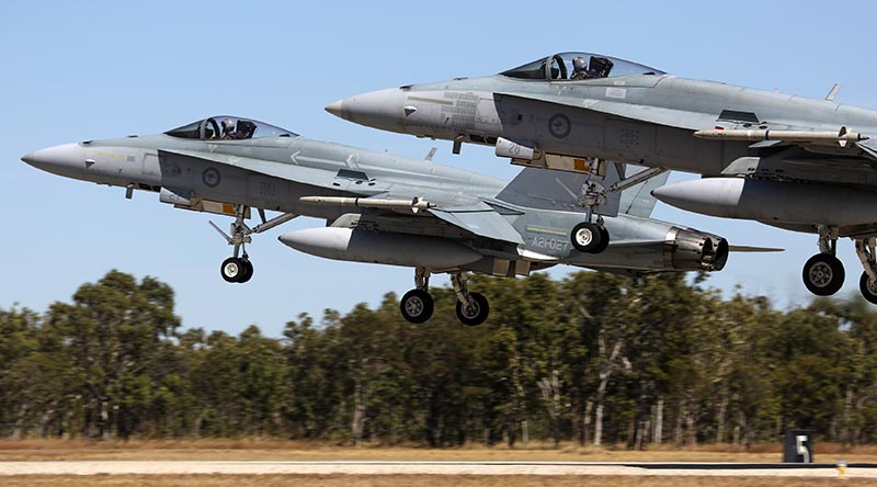 Two Royal Australian Air Force F/A-18 Hornets take off from RAAF Base Tindal during Exercise Diamond Storm 2017. Photo by Sergeant Andrew Eddie.