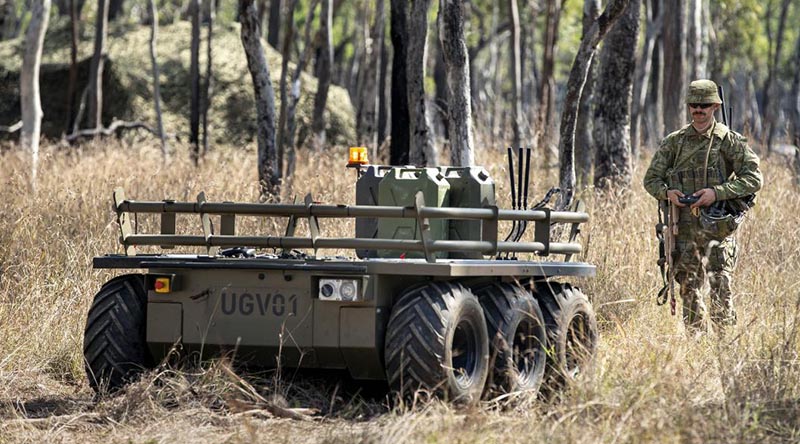 Corporal Aaron Le Jeune, of the 9th Force Support Battalion, trials an unmanned ground vehicle during Exercise Talisman Sabre 2019. Photo by Sergeant Jake Sims.