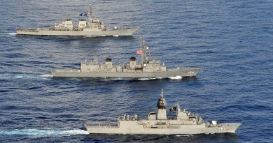 Arleigh Burke-class guided-missile destroyer USS John S. McCain, Japan Maritime Self-Defense Force JS Kirisame and HMAS Arunta in the South China Sea, 20 October 2020. Photographer unknown.