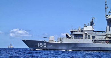 HMAS Ballarat patrols past a large offshore gas platform off the north-west coast of Western Australia. Photo by Able Seaman Connor Webber.